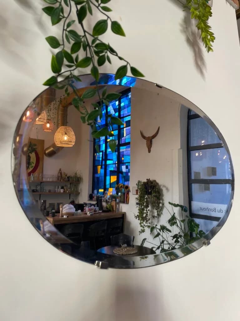 Un miroir ovale reflète une pièce avec des plantes, une fenêtre colorée et des éléments de décoration intérieure.